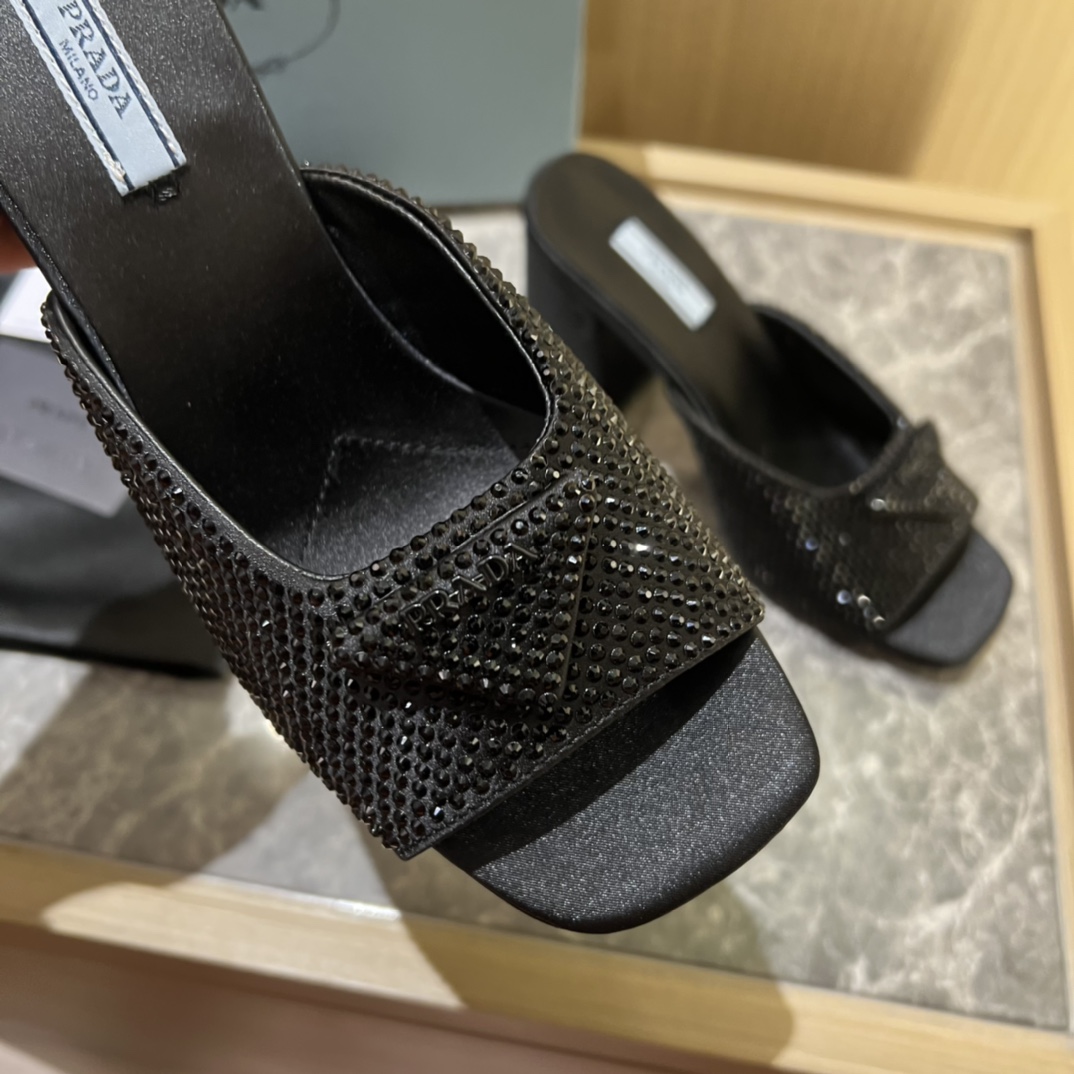 Prada rhinestone chunky heel sandals high quality