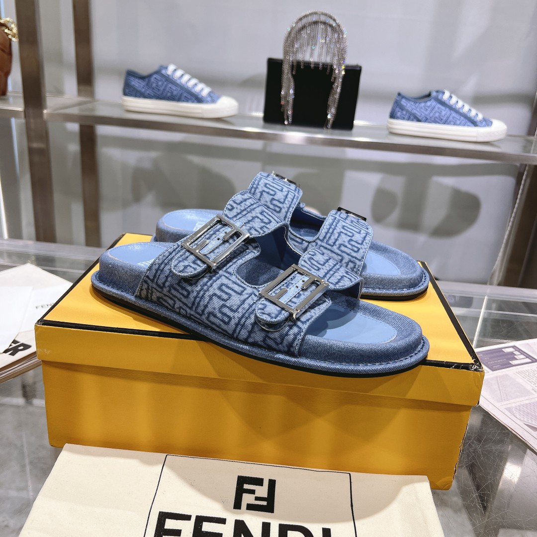 FENDI  Blue denim cloth material Double buckle flat slippers