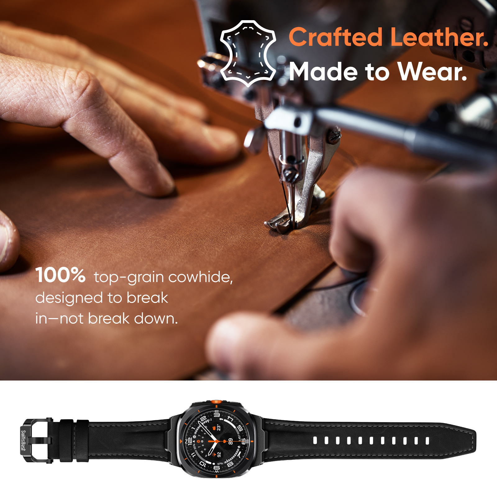 Suitisbest Genuine Leather Band Compatible with Galaxy Watch Ultra Bands 47mm - Zero-Gap Precision Fit with Designer Metal Connectors for Samsung Ultra 2025 2024 - Rugged Crazy Horse Strap for Men