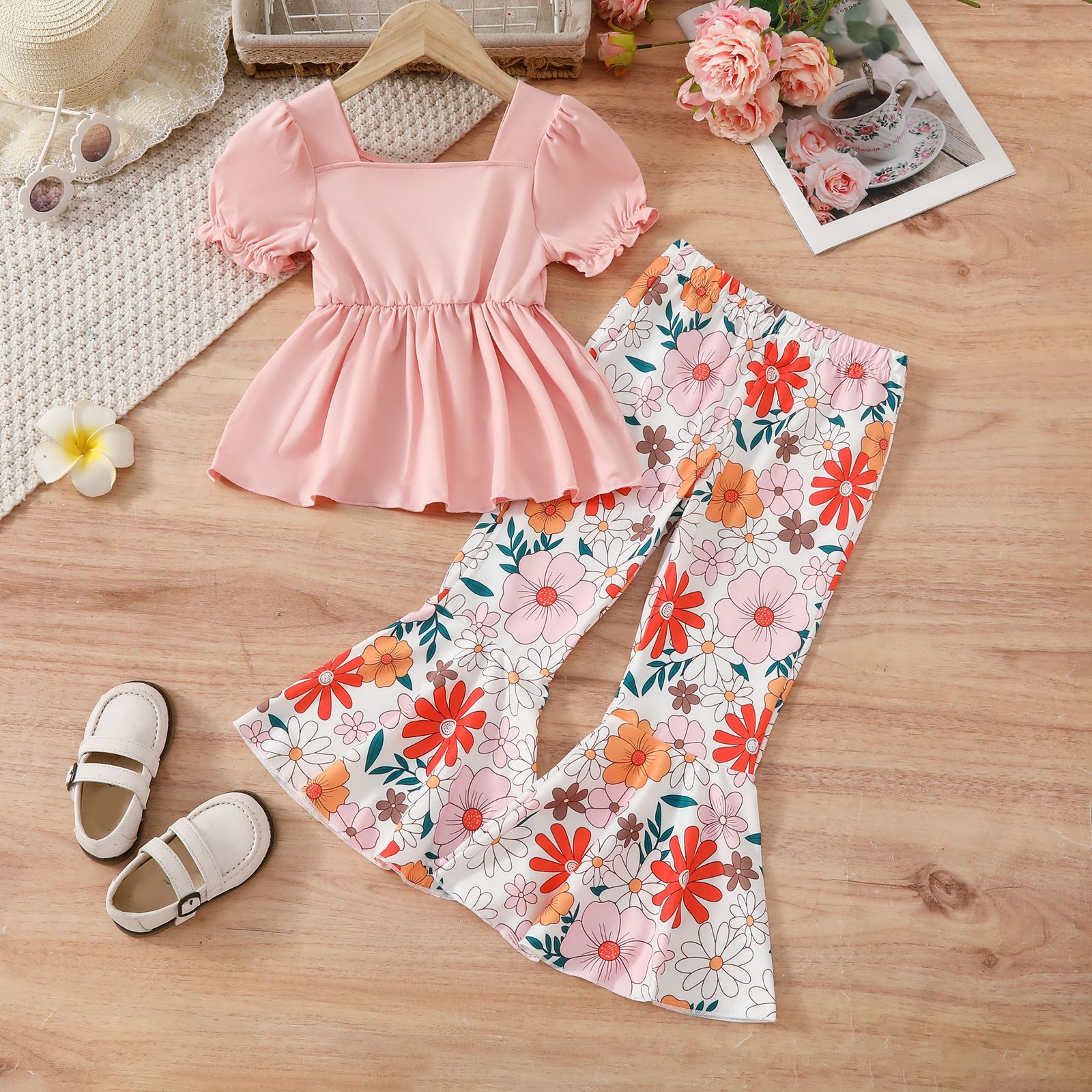 Pink Square Collar Lantern Sleeve Fashion Girl Dress Floral Print Flared Pants Suit