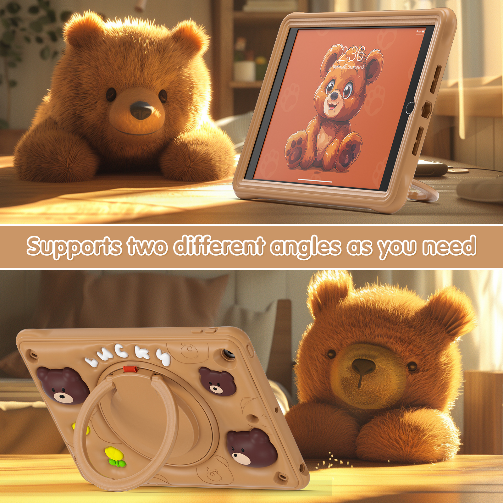 3D Cartoon Bear Silicone EVA Rugged Tablet Cover Portable Case For iPad 10.2/10.9/Pro 11 With Kickstand