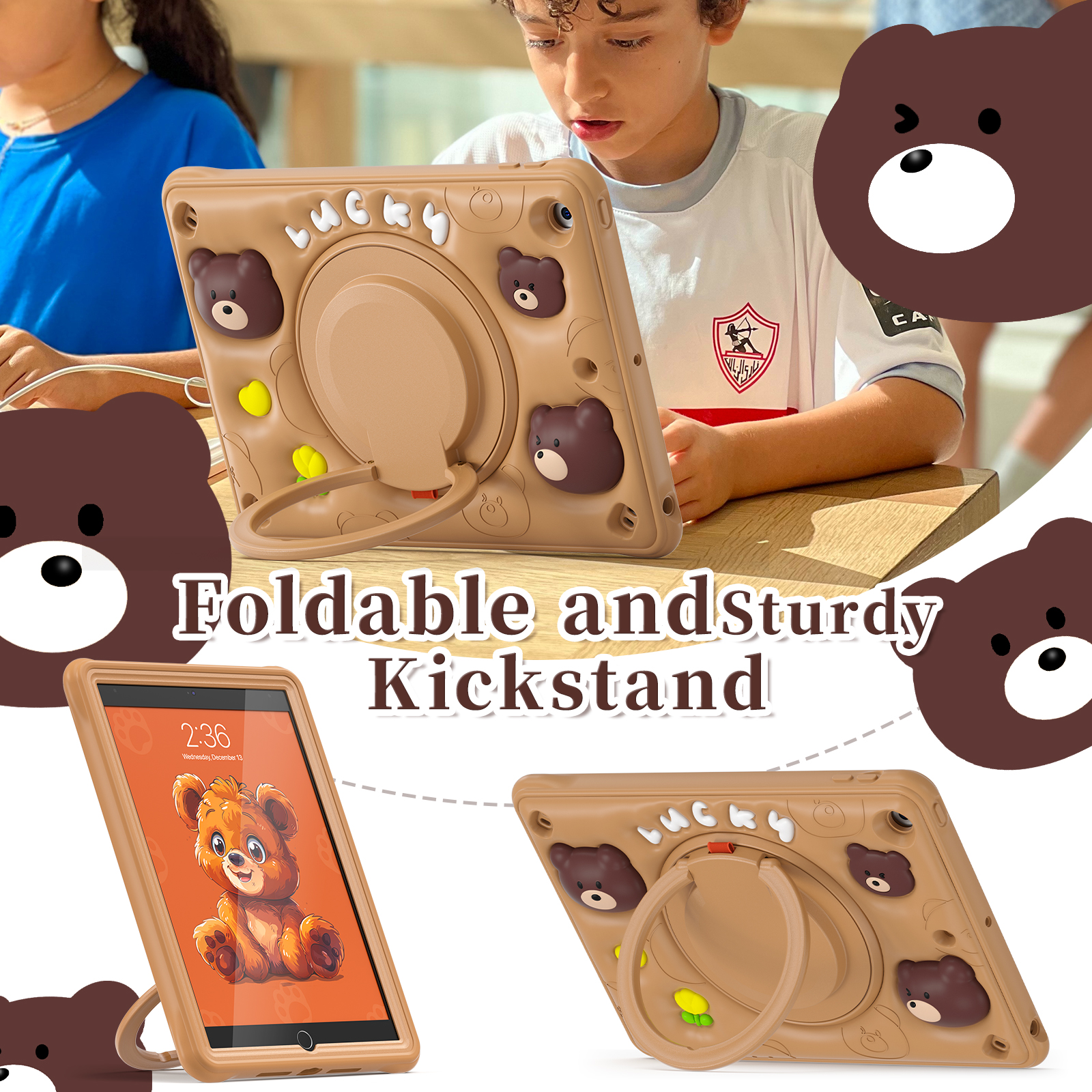3D Cartoon Bear Silicone EVA Rugged Tablet Cover Portable Case For iPad 10.2/10.9/Pro 11 With Kickstand