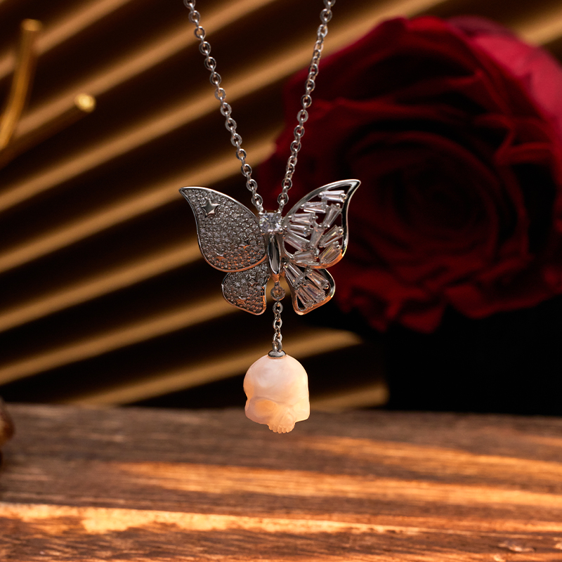 Butterfly Pearl Skull Necklace-isyoujewelry