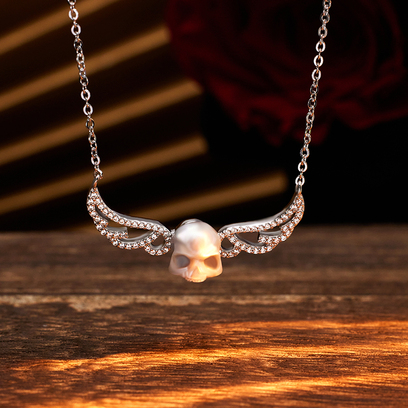 Angel Wings Pearl Skull Necklace-isyoujewelry