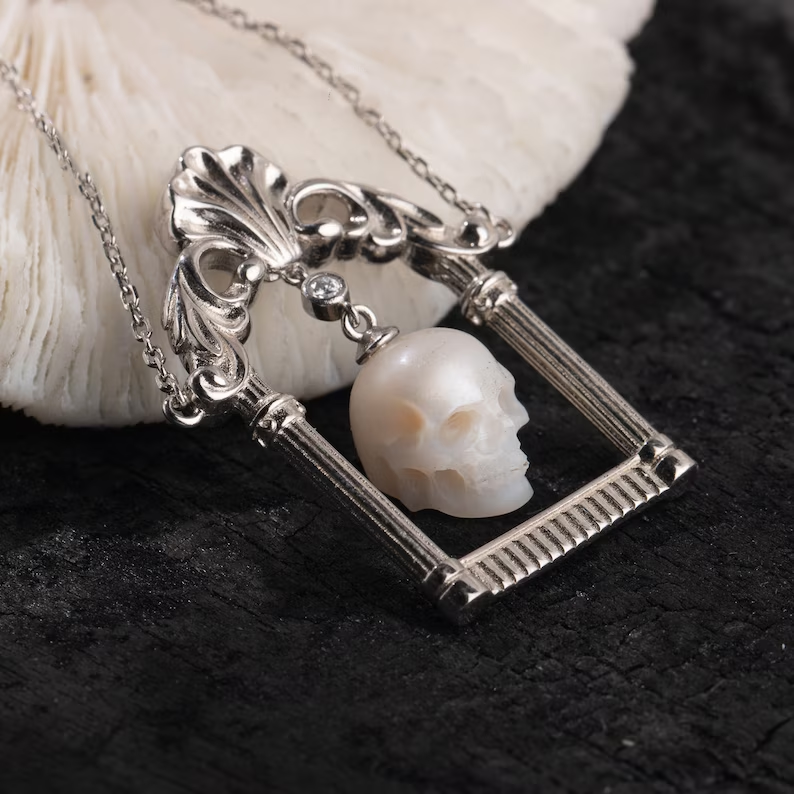 Photo Frame Pearl Skull Necklace Handmade