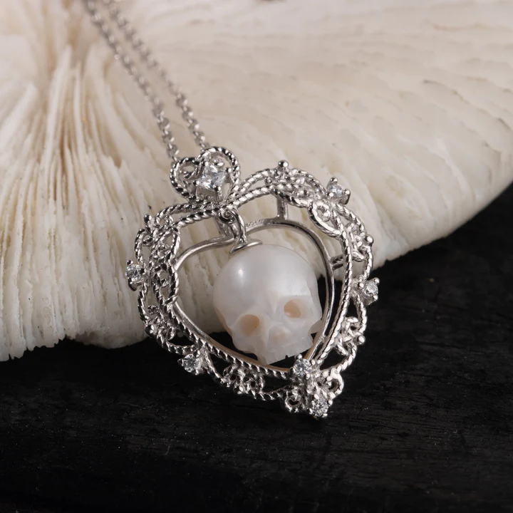 Heart Frame Pearl Skull Necklace Handcarved
