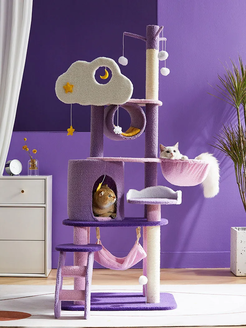 Pet Supplies Modern Purple Luxury Stand Natural Wood Climbing House Large Cat Tree Tower Cat Tree Scratcher 
