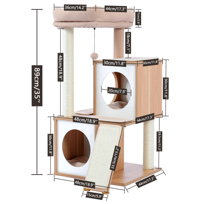 Beige Carpet Wood Sisal Rope Premium Carpeted Wood Wall Cat Tree House for Cats