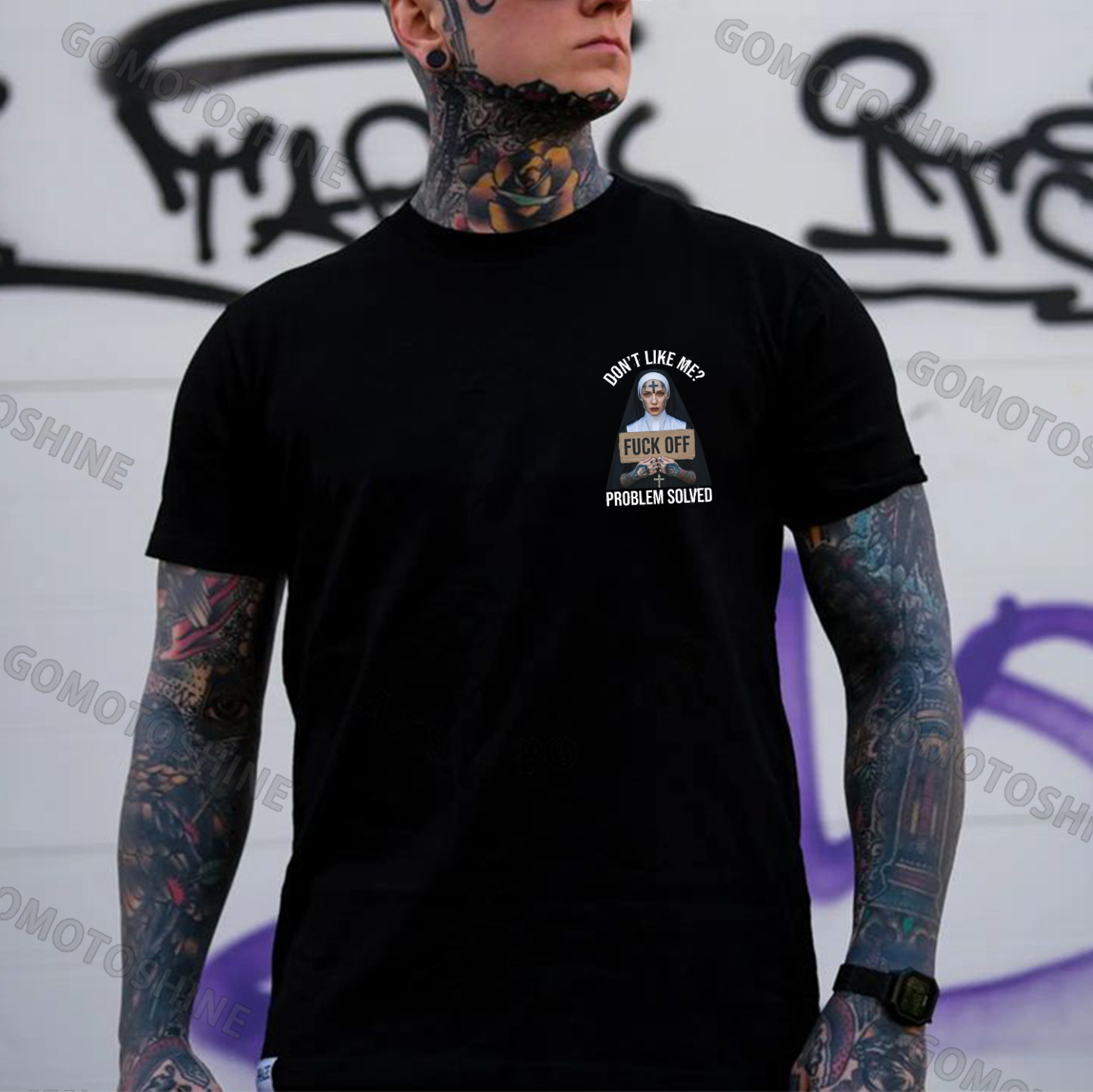 DON'T LIKE ME FUCK OFF PROBLEM SOLVED Defiant Nun Print Men's T-shirt