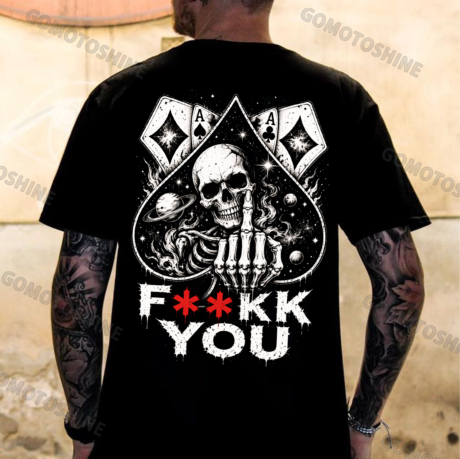 Poker Ace of Spades F**KK YOU Defiant Middle Finger Skull Print Men's T-Shirt