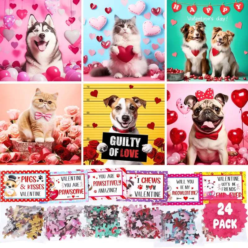 🎁💖Valentine's Day Gift for Students🧩24 Packs Valentine's Day Cat & Dog Jigsaw Puzzles with Cards
