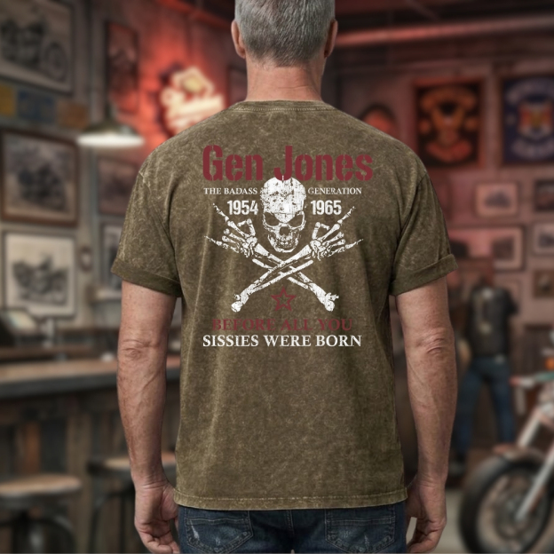 Gen Jones The Badass Generation 1954-1965 Skull Graphic Unisex 100% Heavyweight Cotton Washed T-Shirt