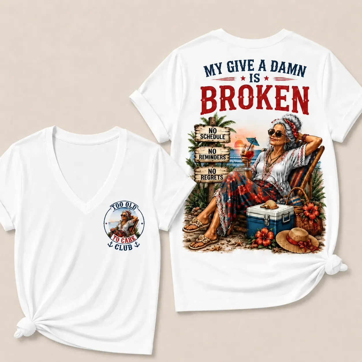 Women’s V-Neck Retirement T-Shirt – Too Old To Care Club Funny Relaxed Beach Lifestyle Tee