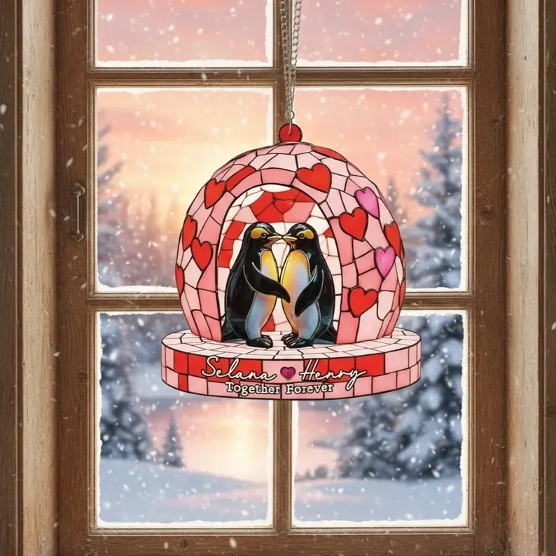 Personalized Couple Penguin Suncatcher Hanging Sign