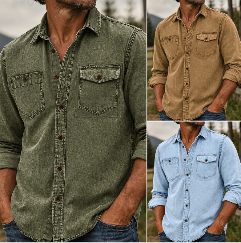 Rugged Vintage Textured Shirt  Men's Casual Outdoor Button Up Long Sleeve