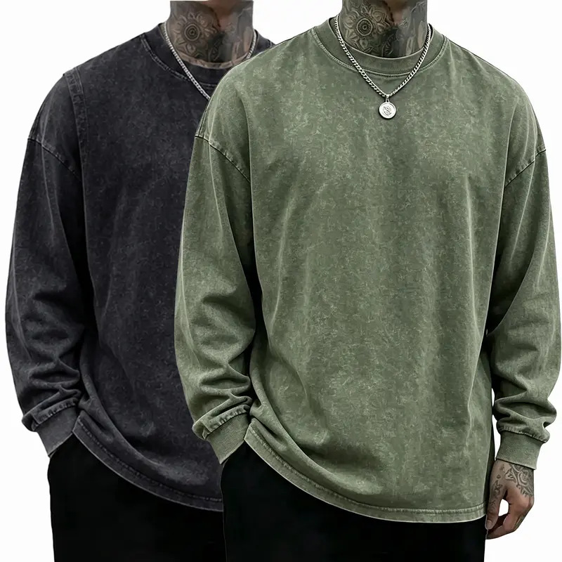 3 Pack Unisex Oversized Washed Distressed Cotton Long-Sleeve T-Shirt