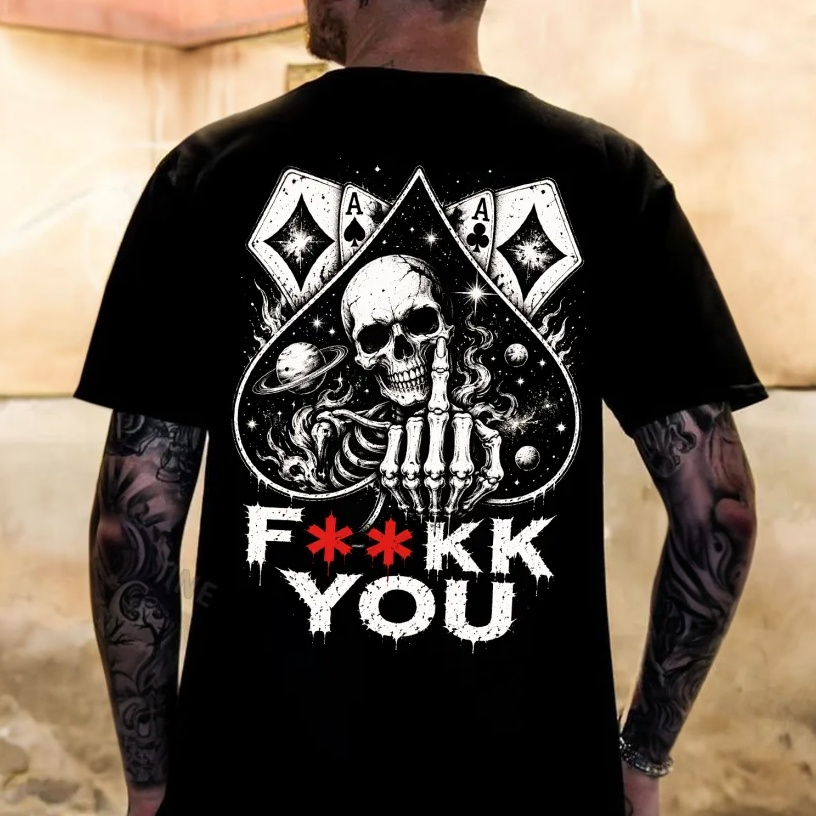 Poker Ace of Spades F**KK YOU Defiant Middle Finger Skull Print Men's T-Shirt