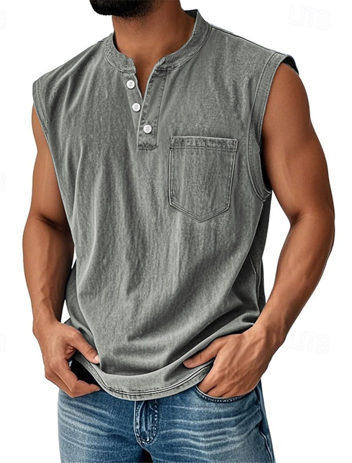Men's Acid Wash Cotton Tank – Sleeveless Henley with Pocket & Buttons