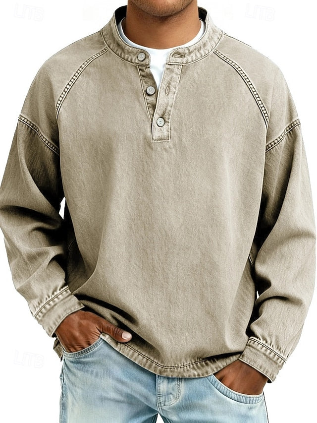 Men's 100% Cotton Acid Wash Long Sleeve Henley Shirt