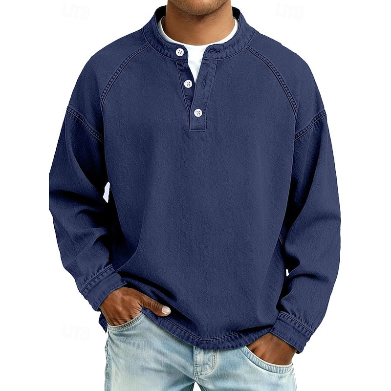 Men's 100% Cotton Acid Wash Long Sleeve Henley Shirt
