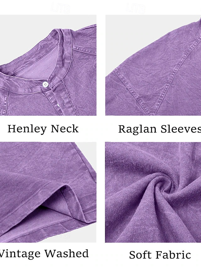Men's 100% Cotton Acid Wash Long Sleeve Henley Shirt