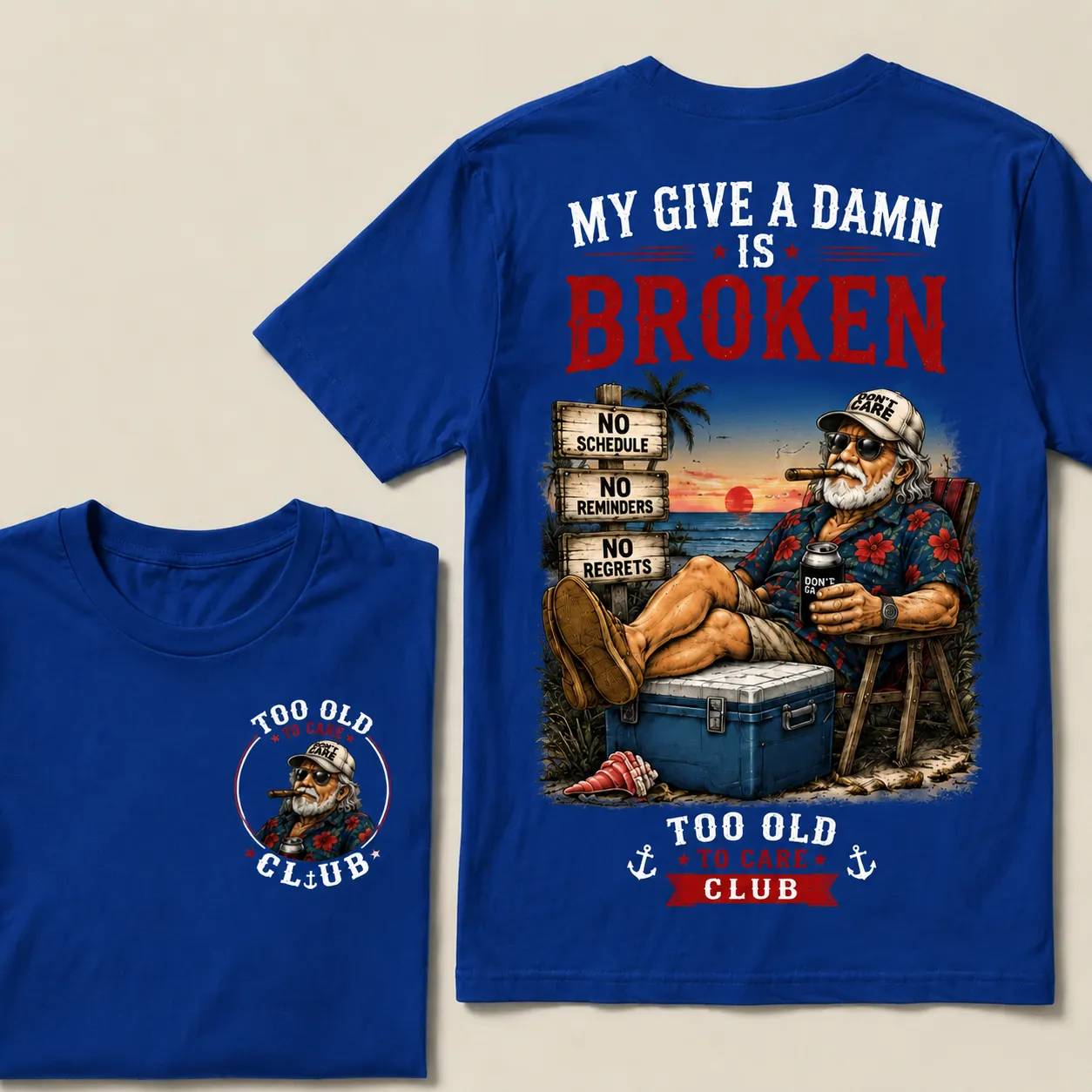Too Old To Care Club™ Funny Retirement T-Shirt – No Schedule No Reminders No Regrets Beach Life Graphic Tee