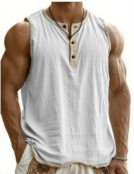 Men's Sleeveless Henley Top – Buttons, Soft Cotton, Perfect for Beach or Street