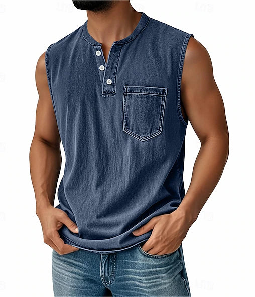 Men's Acid Wash Cotton Tank – Sleeveless Henley with Pocket & Buttons