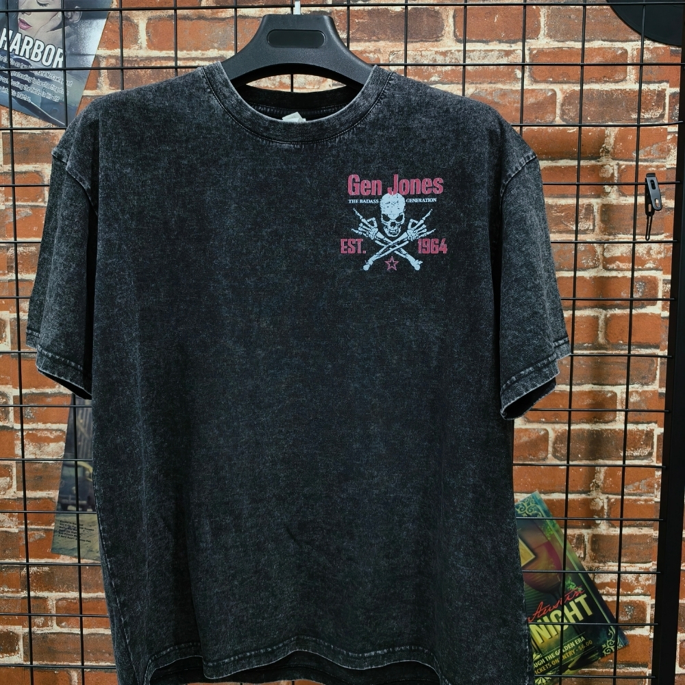 Gen Jones The Badass Generation 1954-1965 Skull Graphic Unisex 100% Heavyweight Cotton Washed T-Shirt