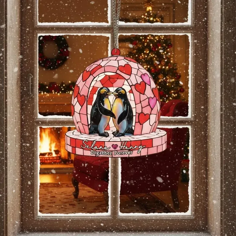 Personalized Couple Penguin Suncatcher Hanging Sign
