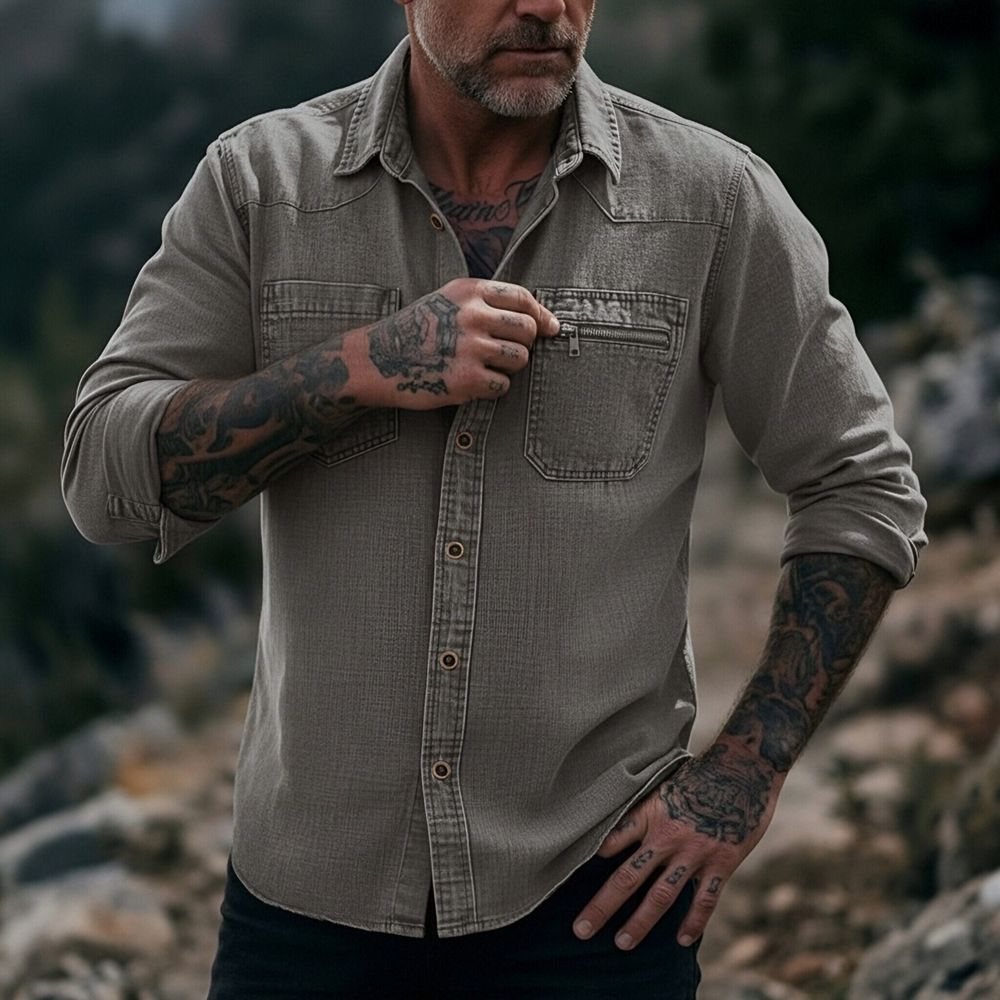 Rugged Vintage Textured Shirt  Men's Casual Outdoor Button Up Long Sleeve