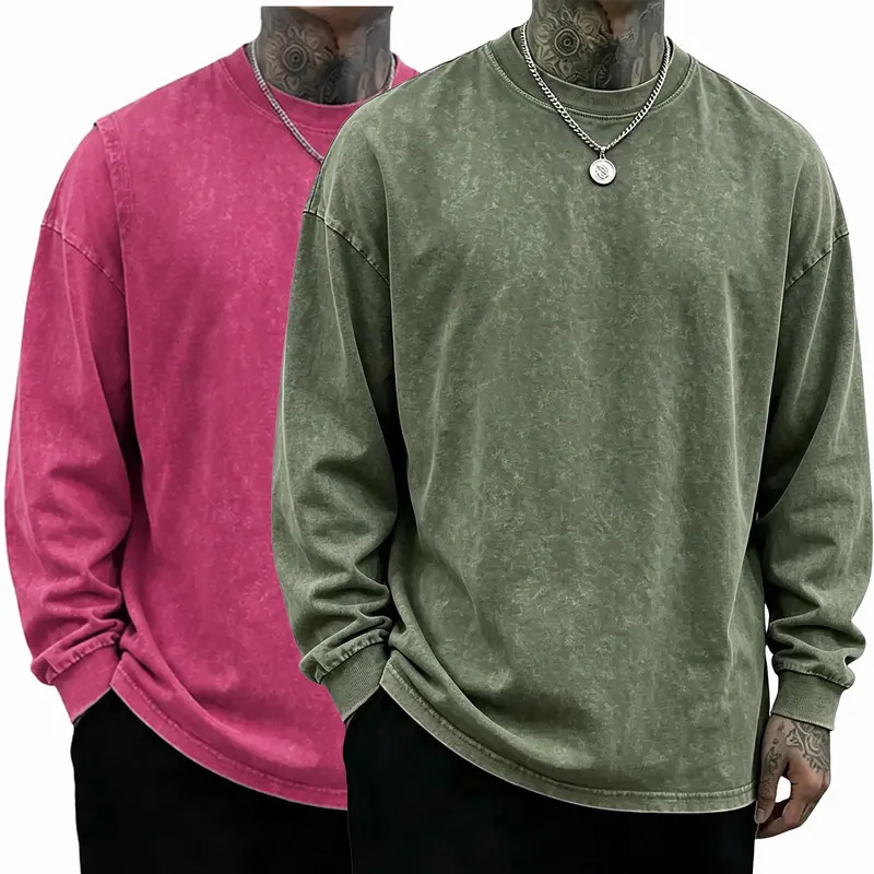3 Pack Unisex Oversized Washed Distressed Cotton Long-Sleeve T-Shirt