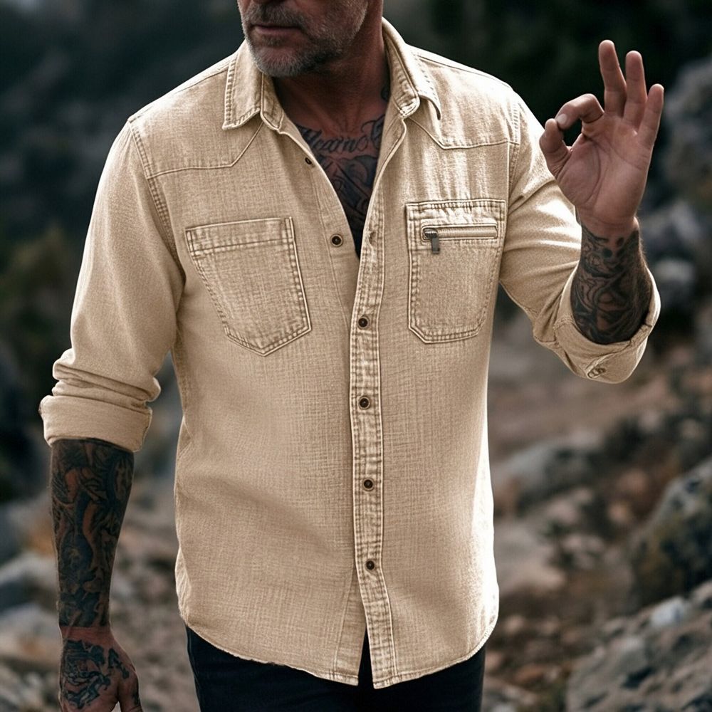 Rugged Vintage Textured Shirt  Men's Casual Outdoor Button Up Long Sleeve