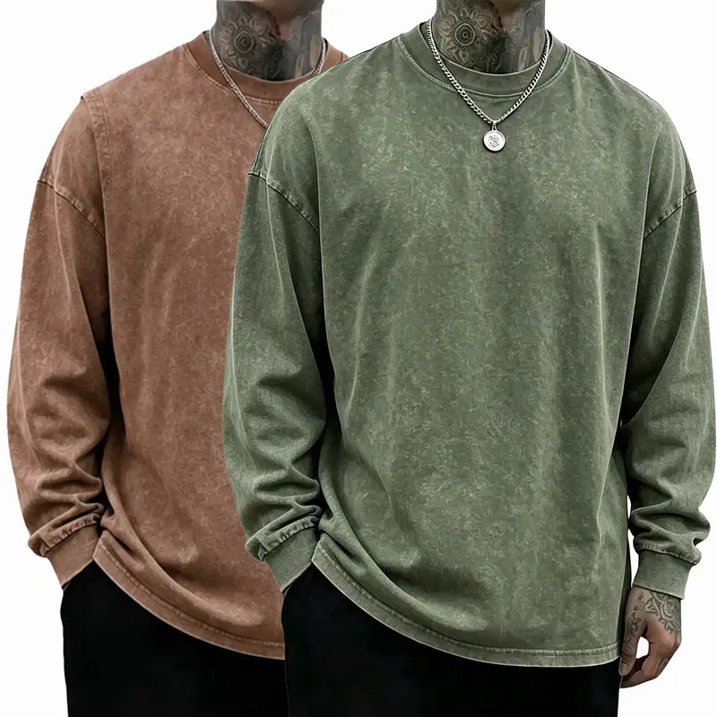 3 Pack Unisex Oversized Washed Distressed Cotton Long-Sleeve T-Shirt