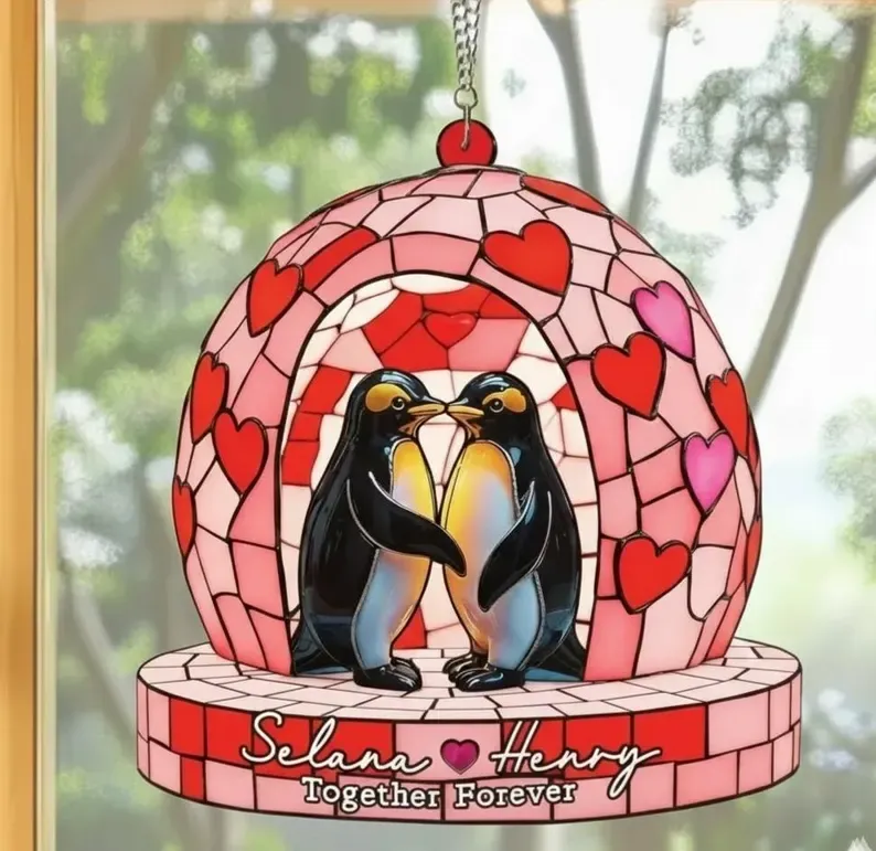 Personalized Couple Penguin Suncatcher Hanging Sign