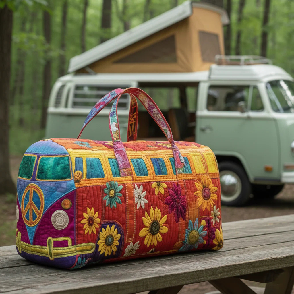 Hippie Van Quilted Duffle Bag — Retro Style for Everyday Travel