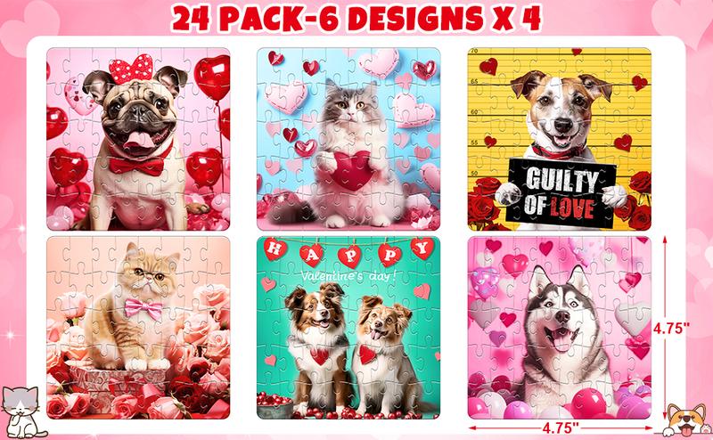 TIBLUE 24 Packs Valentine's Day Cat & Dog Jigsaw Puzzles with Cards for School Boys Girls Puzzle Gift Classroom Exchanges Party Favors Prizes Birthday Gifts- Students