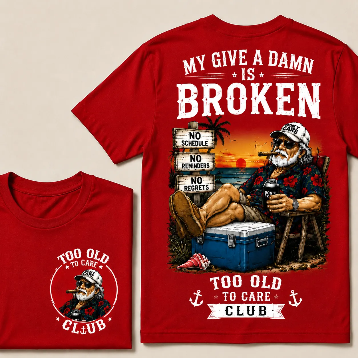 Too Old To Care Club™ Funny Retirement T-Shirt – No Schedule No Reminders No Regrets Beach Life Graphic Tee