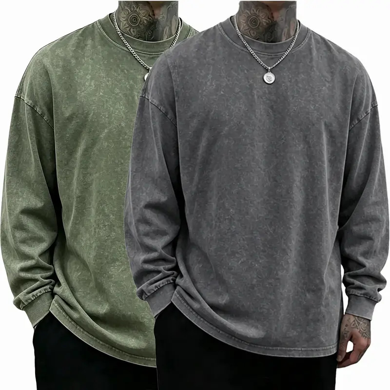 3 Pack Unisex Oversized Washed Distressed Cotton Long-Sleeve T-Shirt