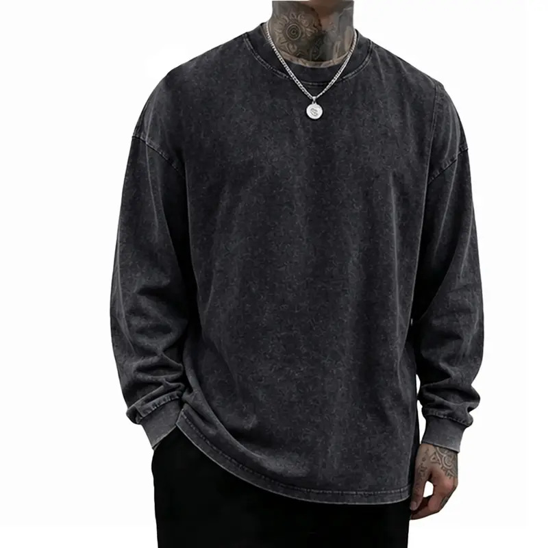 3 Pack Unisex Oversized Washed Distressed Cotton Long-Sleeve T-Shirt