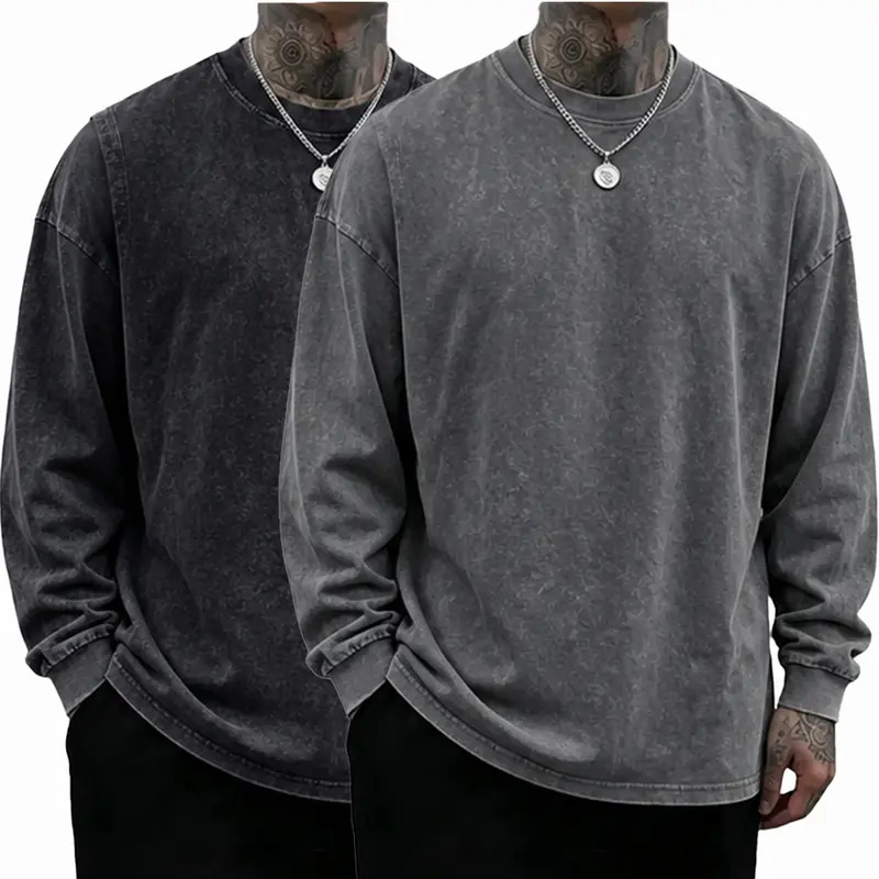 3 Pack Unisex Oversized Washed Distressed Cotton Long-Sleeve T-Shirt