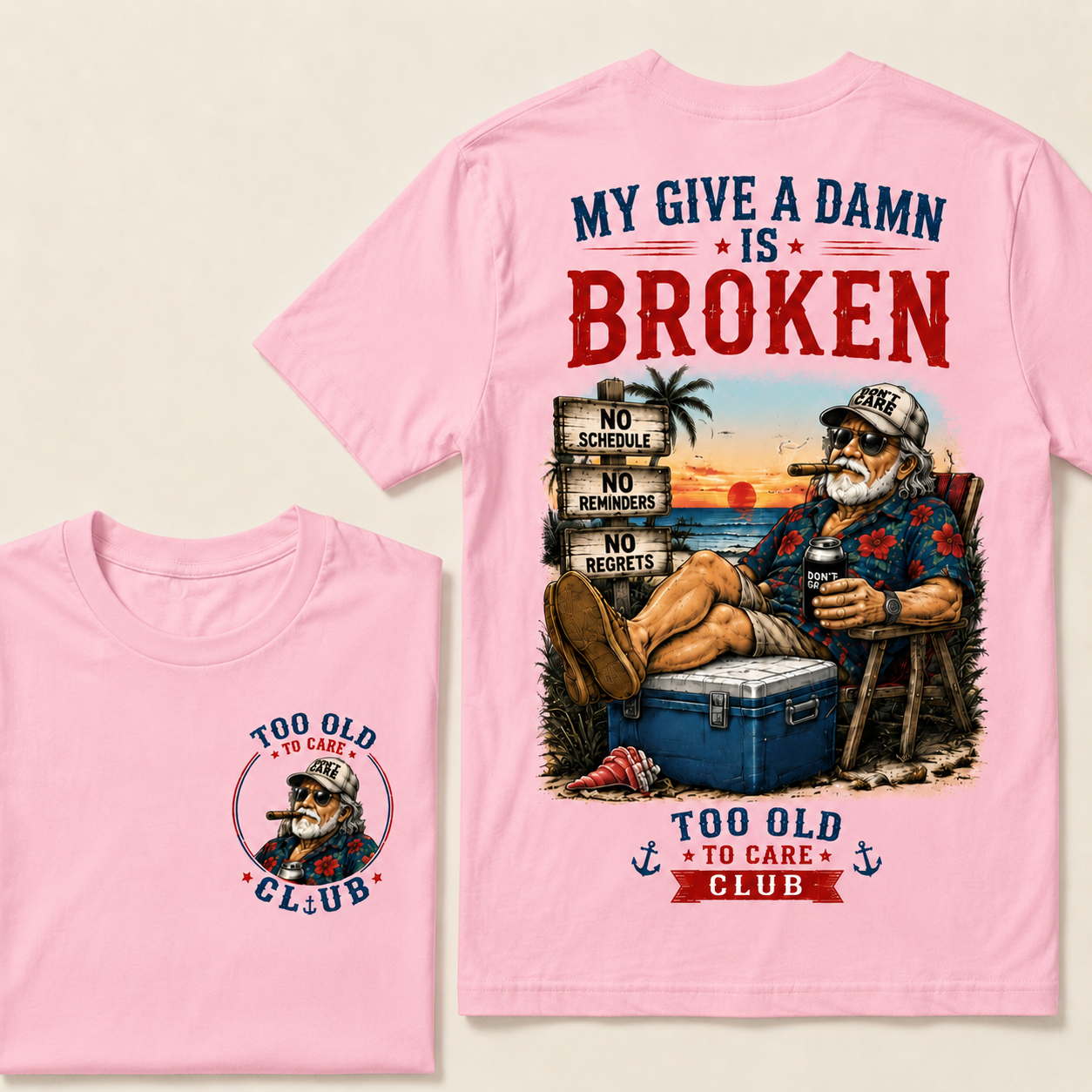 Too Old To Care Club™ Funny Retirement T-Shirt – No Schedule No Reminders No Regrets Beach Life Graphic Tee