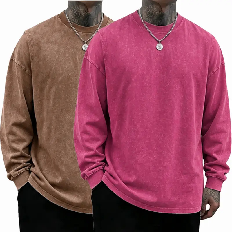 3 Pack Unisex Oversized Washed Distressed Cotton Long-Sleeve T-Shirt