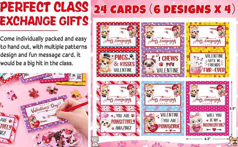 TIBLUE 24 Packs Valentine's Day Cat & Dog Jigsaw Puzzles with Cards for School Boys Girls Puzzle Gift Classroom Exchanges Party Favors Prizes Birthday Gifts- Students