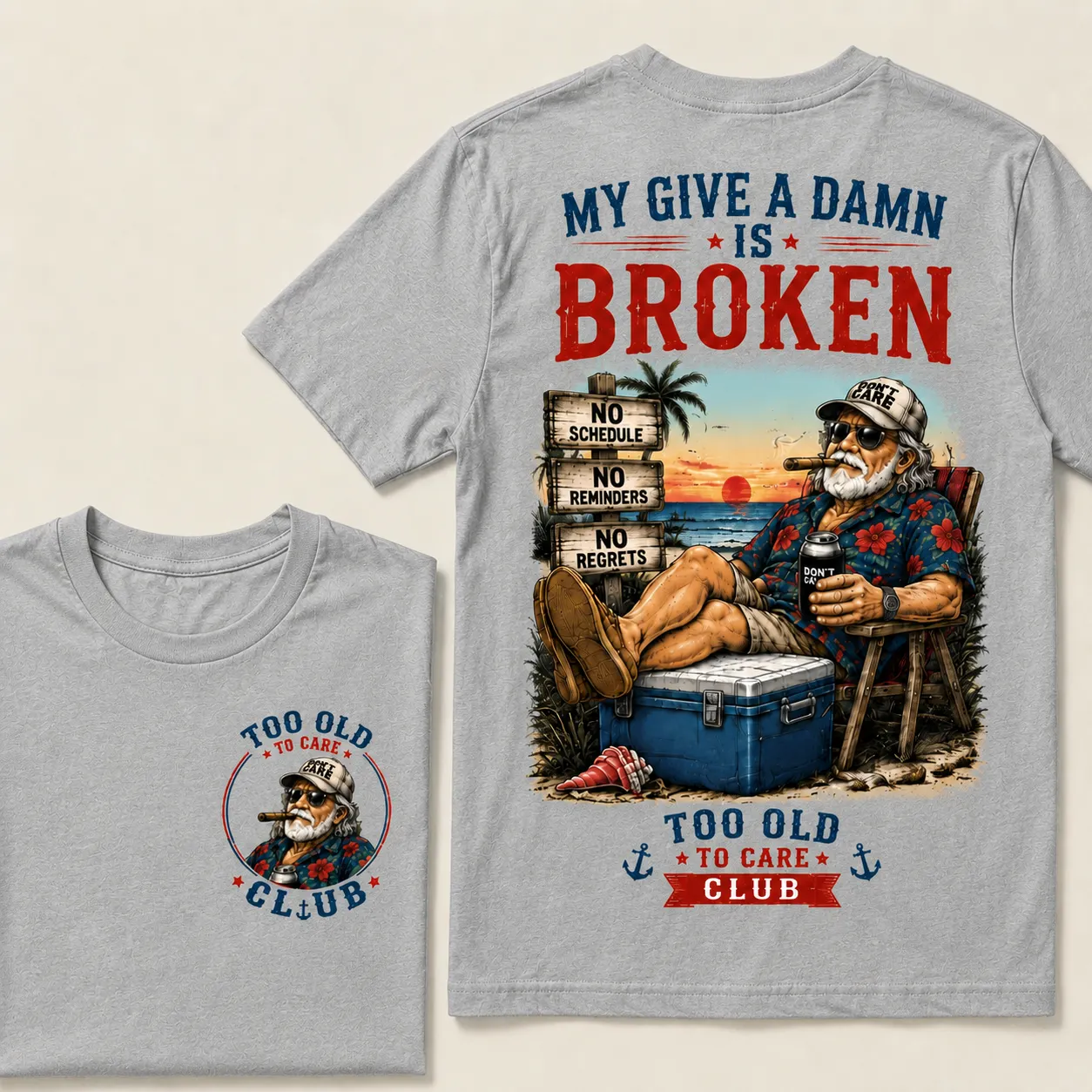 Too Old To Care Club™ Funny Retirement T-Shirt – No Schedule No Reminders No Regrets Beach Life Graphic Tee