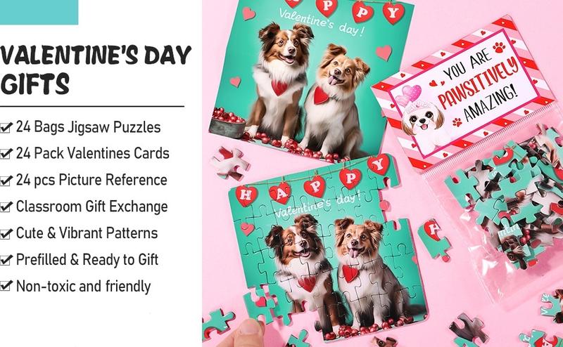 TIBLUE 24 Packs Valentine's Day Cat & Dog Jigsaw Puzzles with Cards for School Boys Girls Puzzle Gift Classroom Exchanges Party Favors Prizes Birthday Gifts- Students