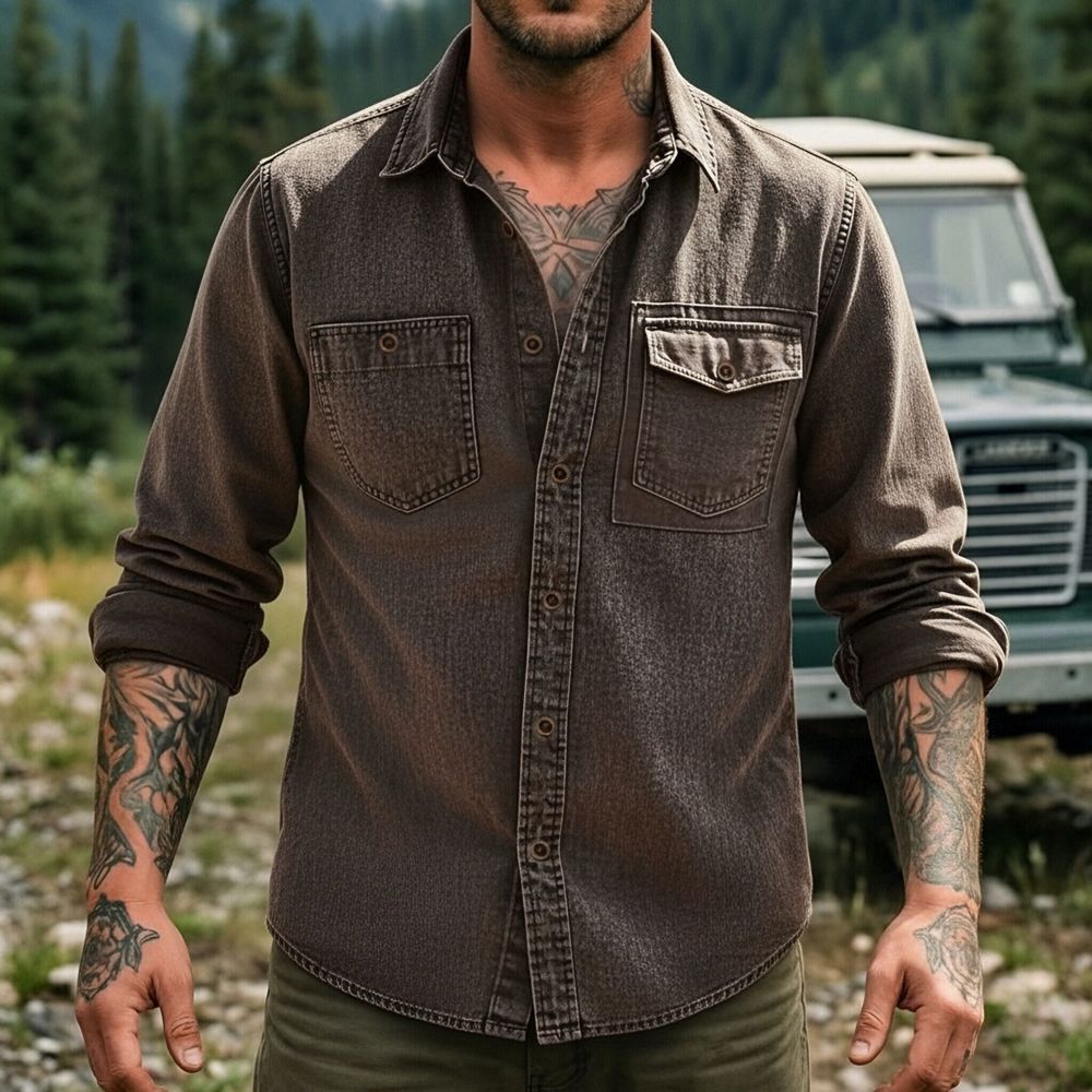 Rugged Vintage Textured Shirt  Men's Casual Outdoor Button Up Long Sleeve