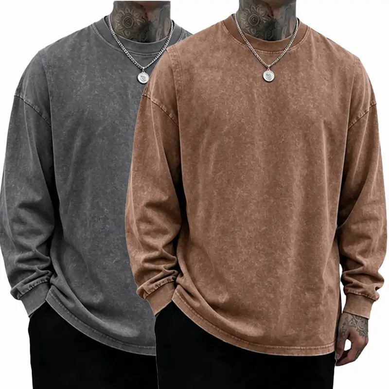 3 Pack Unisex Oversized Washed Distressed Cotton Long-Sleeve T-Shirt