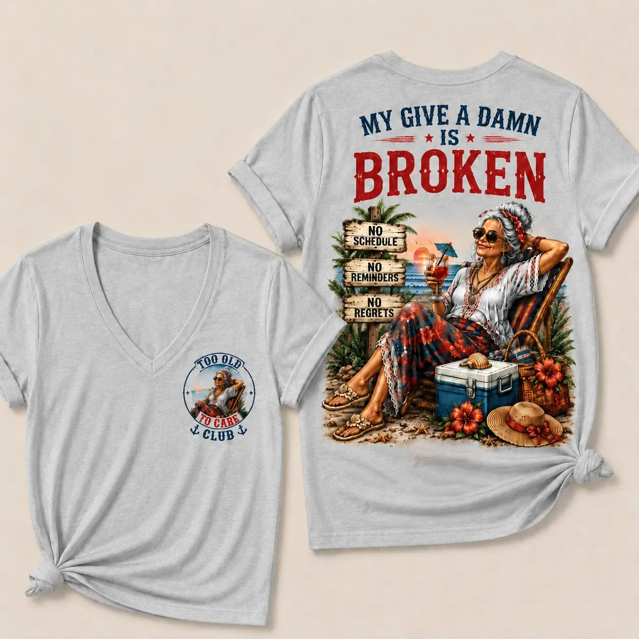 Women’s V-Neck Retirement T-Shirt – Too Old To Care Club Funny Relaxed Beach Lifestyle Tee