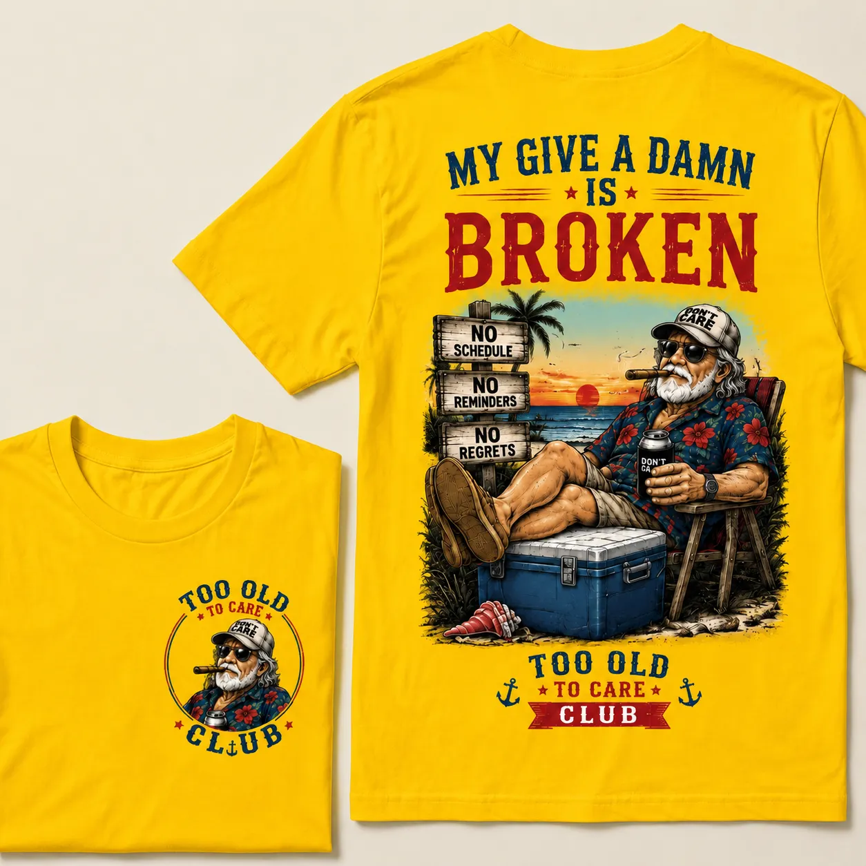 Too Old To Care Club™ Funny Retirement T-Shirt – No Schedule No Reminders No Regrets Beach Life Graphic Tee